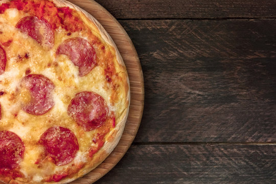 Closeup of a pepperoni pizza with a place for text