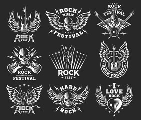 Rock music festival logo, illustration and print collections on a dark background