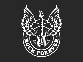 Wings and guitar for rock music festival - logo, illustration on a dark background