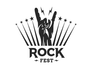Rock sign gesture for music festival - logo, illustration on a white background