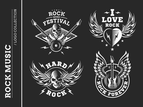 Rock music festival logo, illustration and print collections on a dark background