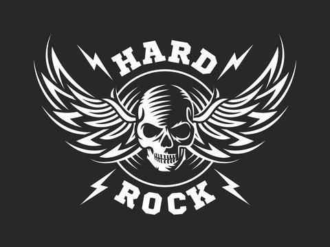 Skull and wings for hard rock music festival - logo, illustration on a dark background