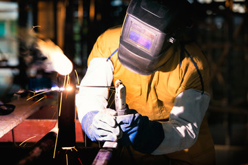 Welding work for steel pipe in the fabrication workshop of factory