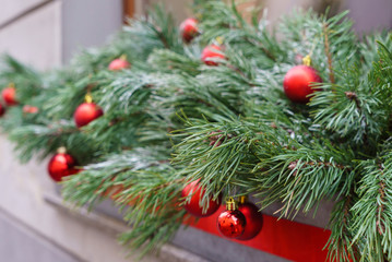 Obraz na płótnie Canvas pine branches with red Christmas balls