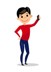 БезымянGuy doing selfie. The boy is photographed. Man with phone isolated on white background. Flat style. Vector illustration.ный-4