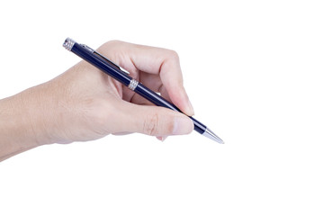 man hand holding a black pen on a white background