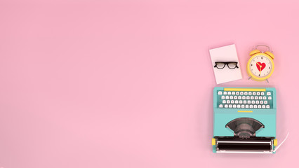 typewriter clock and book top view on the table colorful education in front of pink wall lovely picture for copy space minimal fruit and object concept pastel colorful