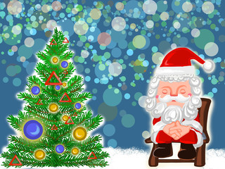 Santa Claus Sitting Beside Pine with Celebrate Decoration, Christmas Background Holiday concept