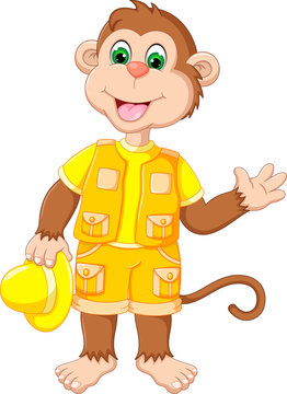 funny monkey cartoon standing bring hat with smile and waving