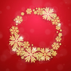 Merry Christmas and Happy New Year holiday background with gold glittering snowflakes frame. Winter seasonal luxury greeting card 