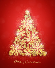 Merry Christmas and Happy New Year holiday background with gold glittering snowflakes frame. Winter seasonal luxury greeting card 