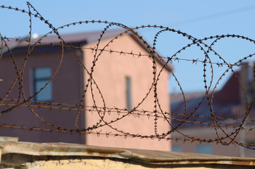 Barbed wire on the prison walls.