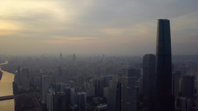 guangzhou city sunset ifc and ctf famous buildings downtown aerial panorama 4k china
