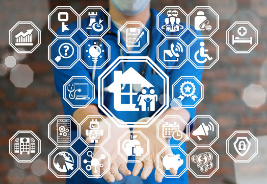 Family Medicine Insurance concept. Doctor using virtual interface offers house family icon. - Powered by Adobe