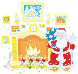 Santa Claus with his gift bag near a fireplace with stockings for Christmas presents