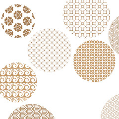 Geometric golden patterns formed circles on white with clipping mask