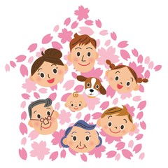 桜と三世代家族