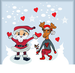 vector santa cartoon with funny santa claus and reindeer in red hat. christmas and new year background illustration