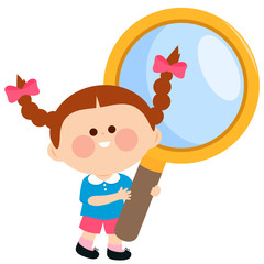 Little girl holding a magnifying glass. Vector illustration