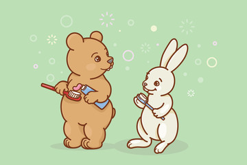 The bear and the hare are brushing their teeth.