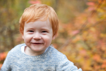 Red-haired boy is smiling cute in the autumn forest