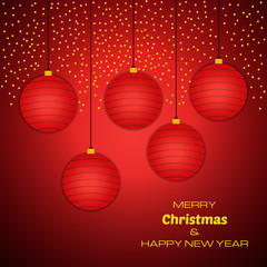 Merry Christmas and Happy New Year red background with christmas balls. Vector background  for your greeting cards, invitations, festive posters. 
