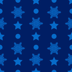 Fototapeta na wymiar Christmas semless pattern with snowflake, star and circle on blue background. Vector illustration 