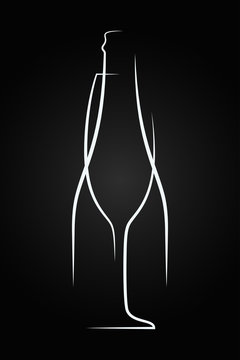 Champagne glass logo. Champagne bottle on black background