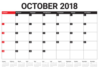 October 2018 planner calendar vector illustration