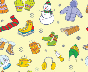 Warm colored doodle winter element seamless pattern.