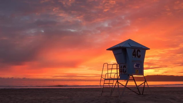 Lifeguard Shack and Fiery Sunset