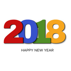 Happy New Year 2018 label with colorful confetti. New Year and Xmas Design Element Template. Vector Illustration.
