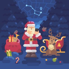 Santa Claus and his reindeer lost their way in the forest and Santa is trying to find their location with GPS on his smartphone. Christmas flat illustration