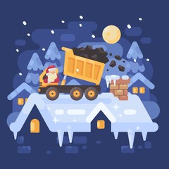 Santa Claus in a yellow tipper truck on a rooftop unloading coal into the chimney of a very naughty kid. Christmas character illustration