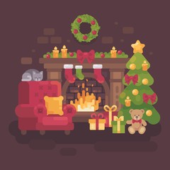 Cozy decorated Christmas room with a fireplace, a red armchair, a Christmas tree with presents and a sleeping cat. Holiday flat illustration
