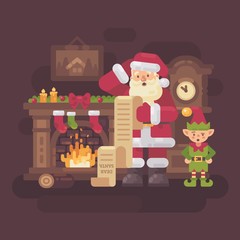Confused Santa Claus and elf reading a very long kids letter in a cozy room with a fireplace and grandfather clock. Christmas flat illustration