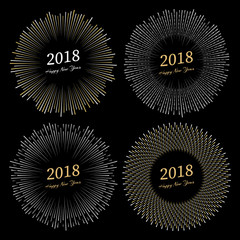 Fototapeta premium Set of four inscription Happy New Year 2018 with firework around. New Year and Xmas Design Element Template. Vector Illustration. 
