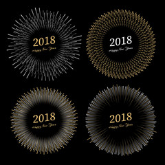 Set of four inscription Happy New Year 2018 with firework around. New Year and Xmas Design Element Template. Vector Illustration.
