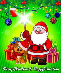 Cartoon Santa Claus and puppy with gift boxes on green background.