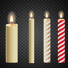 Candles flame realistic set isolated on dark background vector 3d illustration