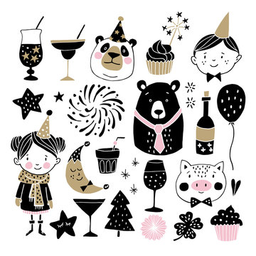 Set of hand drawn New Year or birthday graphic elements. Childrens with party hats, cute bears, pig fireworks, drinks, and decorations. Scandinavian kids design. Photo booth props. Isolated vectors.