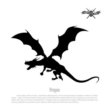 Black silhouette of dragon on white background. Fantasy monster. Vector illustration