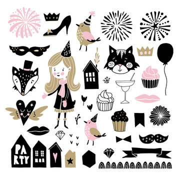 Set of hand drawn New Year or birthday party graphic elements. Girl with hat, cute birds, fireworks, drinks, cupcakes and decorations. Scandinavian kids design. Isolated vectors. Photo booth props.