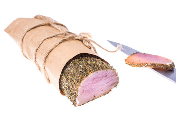 Pork salted, dried herbs on white background