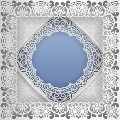 Round white frame in an square frame with lace edges and a abstract background inside. Template for wedding and other congratulations. In the middle there is space for text, pictures, photos. Vector.