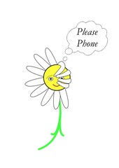 Coy daisy emoticon, with speech bubble, asking for a phone call.