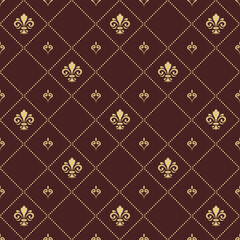 Seamless vector pattern. Modern geometric ornament with royal lilies. Classic vintage brown and golden background