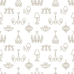 Light fixture, lamps seamless pattern, line illustration. Vector flat icons of home lighting equipment chandelier. Repeated background for interior store beige and white.
