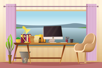Obraz premium Modern home office workplace. Creative workspace with big window with beautiful view of the mountains. Vector illustration