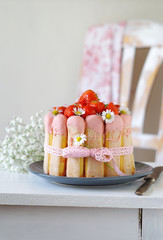 Erdbeer-Charlotte mit G&auml;nsebl&uuml;mchen und rosa Schleifenband